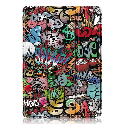 For Samsung Galaxy Tab S9 (SM-X710 / SM-X716B / SM-X718U) Tri-fold Stand Tablet Case Pattern Printing PU+TPU+Acrylic Protective Cover with Pen Slot