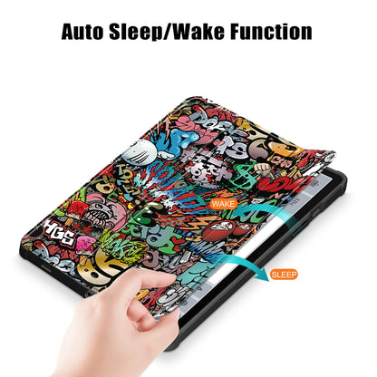 For Samsung Galaxy Tab S9 (SM-X710 / SM-X716B / SM-X718U) Tri-fold Stand Tablet Case Pattern Printing PU+TPU+Acrylic Protective Cover with Pen Slot