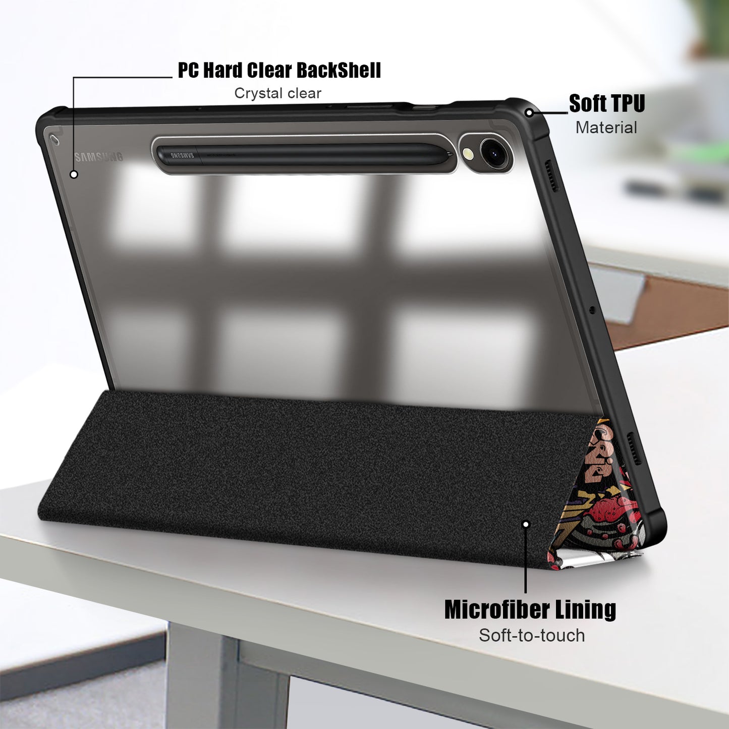 For Samsung Galaxy Tab S9 (SM-X710 / SM-X716B / SM-X718U) Tri-fold Stand Tablet Case Pattern Printing PU+TPU+Acrylic Protective Cover with Pen Slot