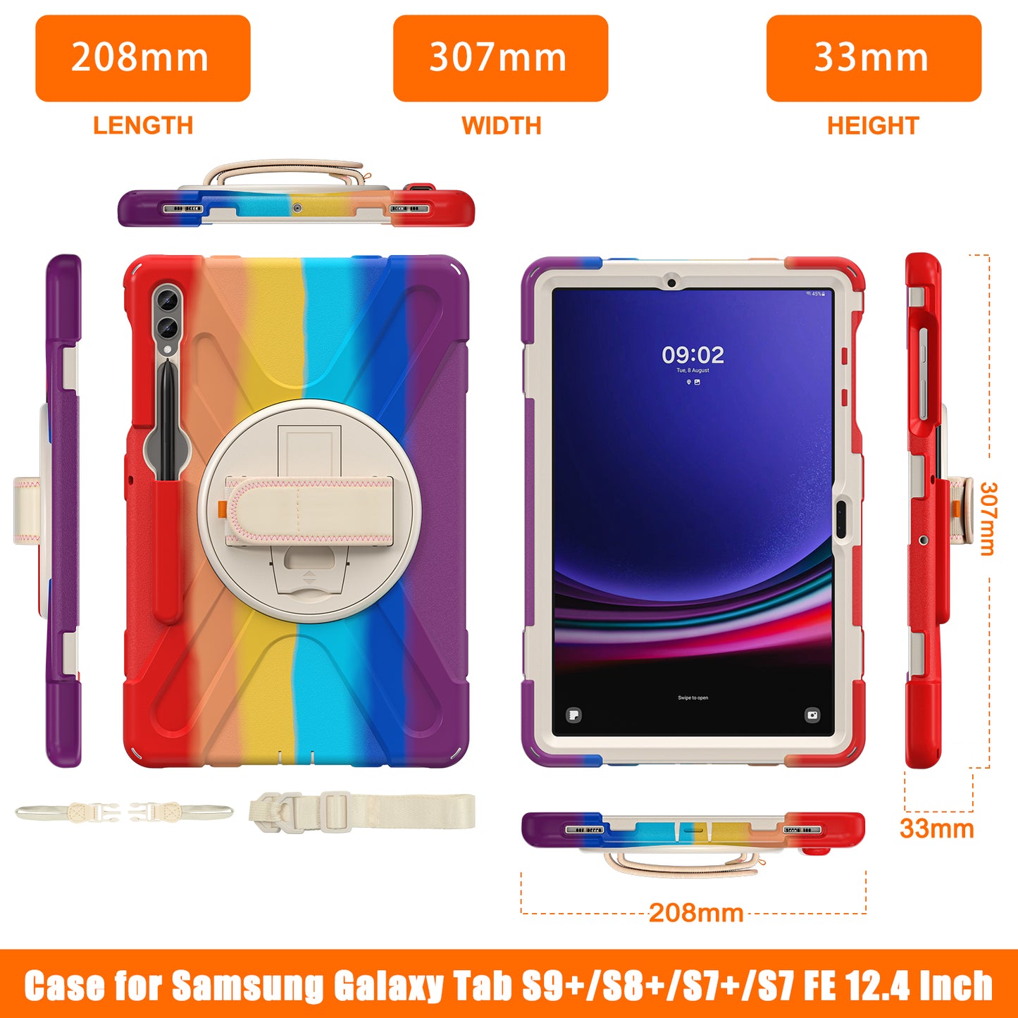 For Samsung Galaxy Tab S9 FE+ / S9+ / S8+ / S7 Wrist Strap Tablet Case Anti-scratch PC+Silicone Kickstand Cover