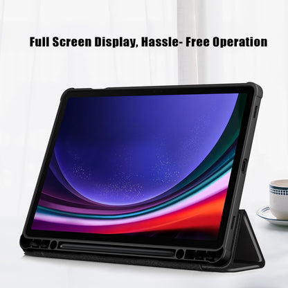 Protective Case for Samsung Galaxy Tab S9 (SM-X710 / SM-X716B / SM-X718U) PU+TPU+Acrylic Tri-fold Stand Tablet Cover with Pen Slot