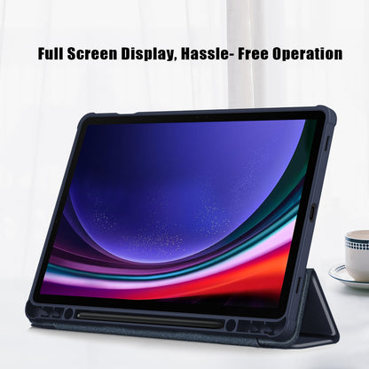 Protective Case for Samsung Galaxy Tab S9 (SM-X710 / SM-X716B / SM-X718U) PU+TPU+Acrylic Tri-fold Stand Tablet Cover with Pen Slot