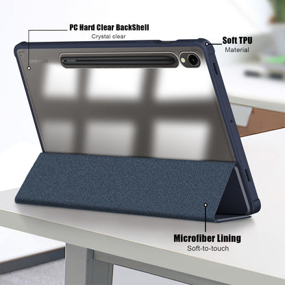 Protective Case for Samsung Galaxy Tab S9 (SM-X710 / SM-X716B / SM-X718U) PU+TPU+Acrylic Tri-fold Stand Tablet Cover with Pen Slot