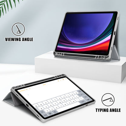Protective Case for Samsung Galaxy Tab S9 (SM-X710 / SM-X716B / SM-X718U) PU+TPU+Acrylic Tri-fold Stand Tablet Cover with Pen Slot