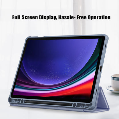 Protective Case for Samsung Galaxy Tab S9 (SM-X710 / SM-X716B / SM-X718U) PU+TPU+Acrylic Tri-fold Stand Tablet Cover with Pen Slot