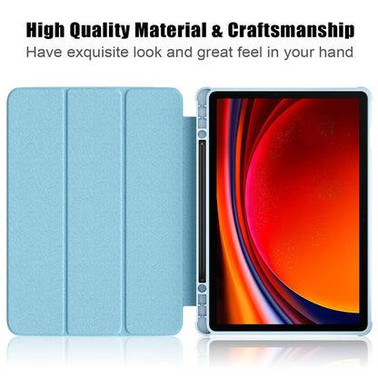 Protective Case for Samsung Galaxy Tab S9 (SM-X710 / SM-X716B / SM-X718U) PU+TPU+Acrylic Tri-fold Stand Tablet Cover with Pen Slot