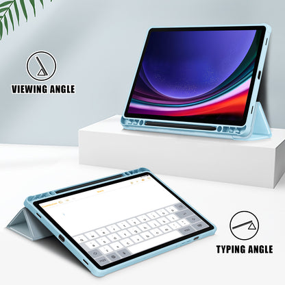 Protective Case for Samsung Galaxy Tab S9 (SM-X710 / SM-X716B / SM-X718U) PU+TPU+Acrylic Tri-fold Stand Tablet Cover with Pen Slot