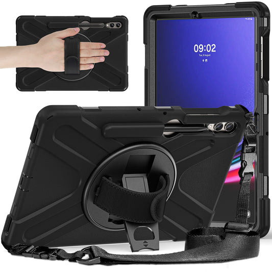 For Samsung Galaxy Tab S9 FE+ / S9+ / S8+ / S7+ Shockproof PC+Silicone Rugged Tablet Case Kickstand with Hand Band  /  Shoulder Strap