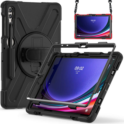 For Samsung Galaxy Tab S9 FE+ / S9+ / S8+ / S7+ Shockproof PC+Silicone Rugged Tablet Case Kickstand with Hand Band  /  Shoulder Strap