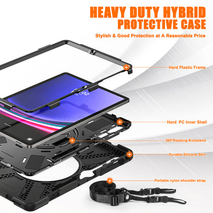 For Samsung Galaxy Tab S9 FE+ / S9+ / S8+ / S7+ Shockproof PC+Silicone Rugged Tablet Case Kickstand with Hand Band  /  Shoulder Strap