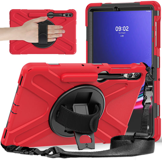 For Samsung Galaxy Tab S9 FE+ / S9+ / S8+ / S7+ Shockproof PC+Silicone Rugged Tablet Case Kickstand with Hand Band  /  Shoulder Strap