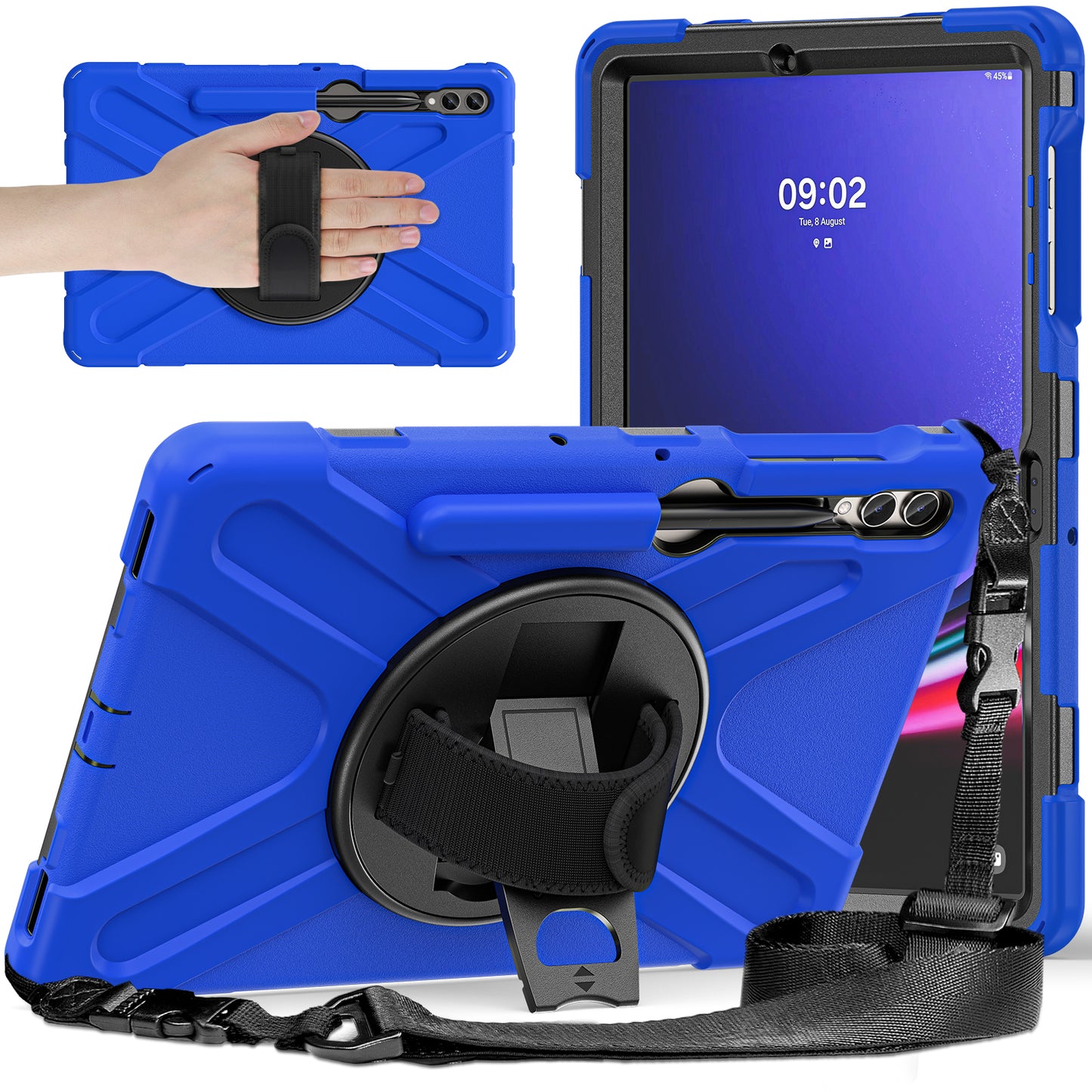 For Samsung Galaxy Tab S9 FE+ / S9+ / S8+ / S7+ Shockproof PC+Silicone Rugged Tablet Case Kickstand with Hand Band  /  Shoulder Strap