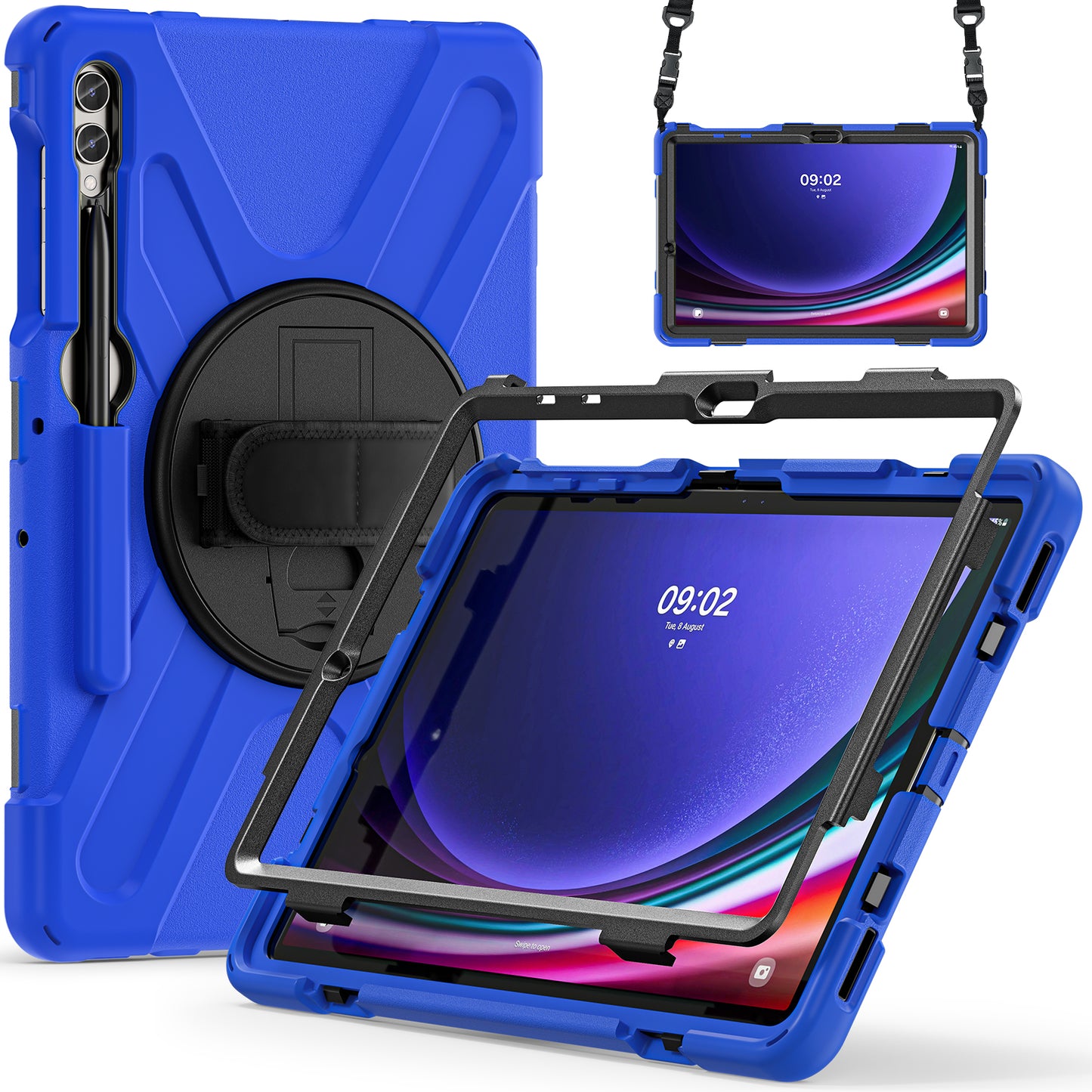 For Samsung Galaxy Tab S9 FE+ / S9+ / S8+ / S7+ Shockproof PC+Silicone Rugged Tablet Case Kickstand with Hand Band  /  Shoulder Strap