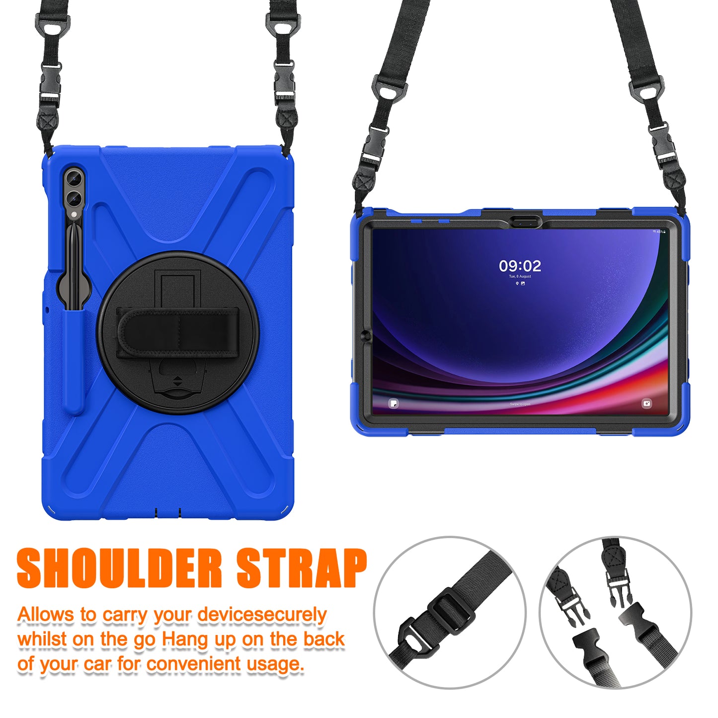For Samsung Galaxy Tab S9 FE+ / S9+ / S8+ / S7+ Shockproof PC+Silicone Rugged Tablet Case Kickstand with Hand Band  /  Shoulder Strap