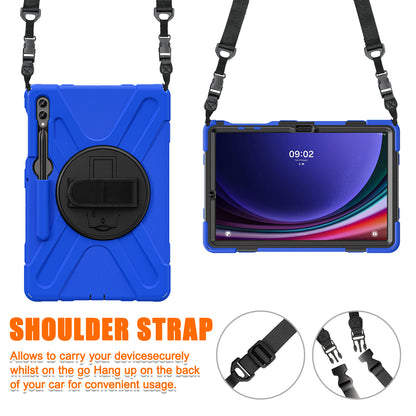 For Samsung Galaxy Tab S9 FE+ / S9+ / S8+ / S7+ Shockproof PC+Silicone Rugged Tablet Case Kickstand with Hand Band  /  Shoulder Strap