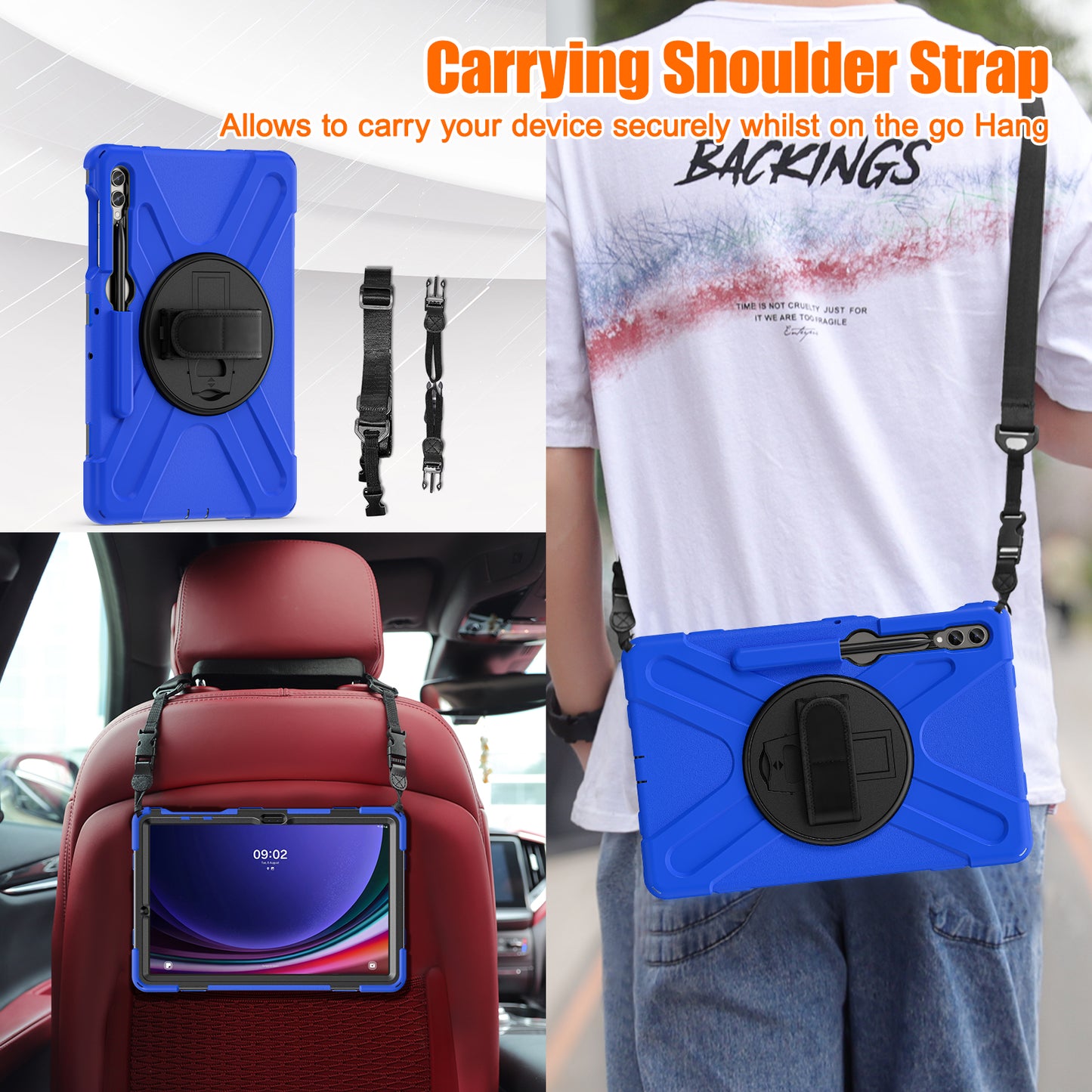 For Samsung Galaxy Tab S9 FE+ / S9+ / S8+ / S7+ Shockproof PC+Silicone Rugged Tablet Case Kickstand with Hand Band  /  Shoulder Strap