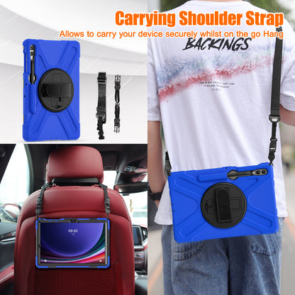 For Samsung Galaxy Tab S9 FE+ / S9+ / S8+ / S7+ Shockproof PC+Silicone Rugged Tablet Case Kickstand with Hand Band  /  Shoulder Strap