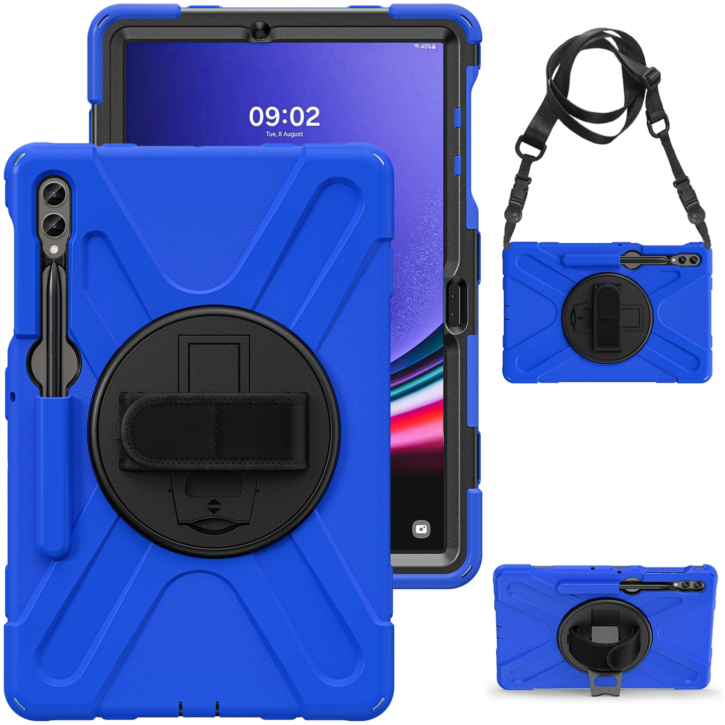 For Samsung Galaxy Tab S9 FE+ / S9+ / S8+ / S7+ Shockproof PC+Silicone Rugged Tablet Case Kickstand with Hand Band  /  Shoulder Strap