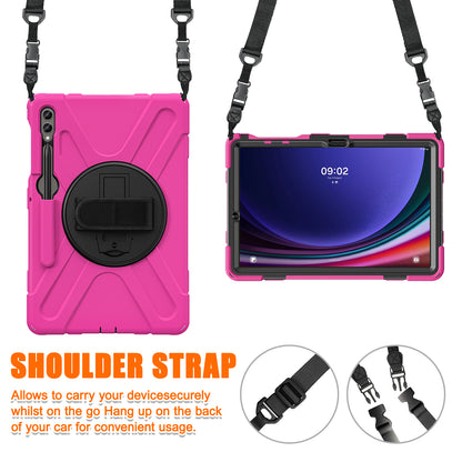 For Samsung Galaxy Tab S9 FE+ / S9+ / S8+ / S7+ Shockproof PC+Silicone Rugged Tablet Case Kickstand with Hand Band  /  Shoulder Strap