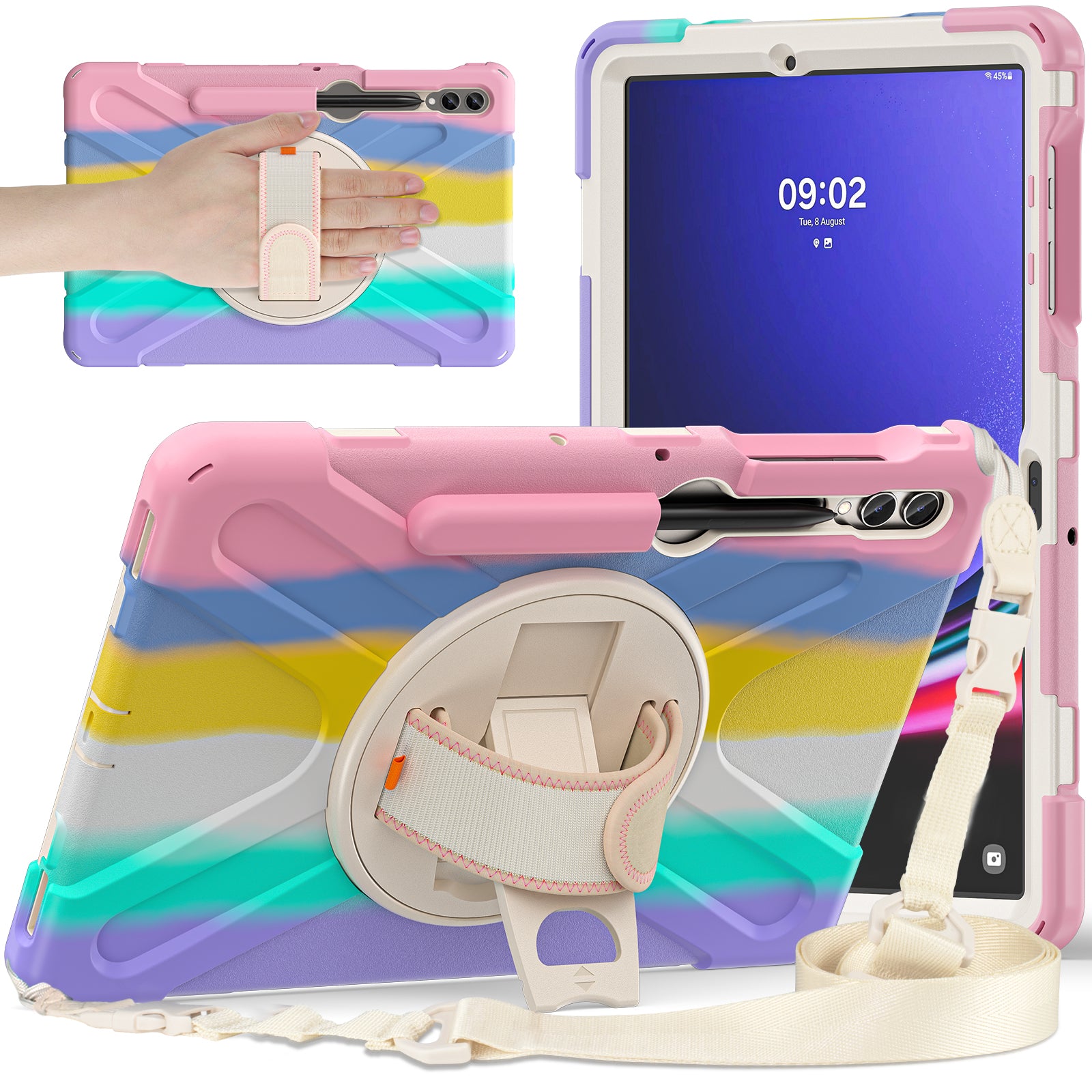 For Samsung Galaxy Tab S9 FE+ / S9+ / S8+ / S7+ Shockproof PC+Silicone Rugged Tablet Case Kickstand with Hand Band  /  Shoulder Strap