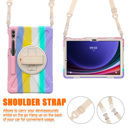 For Samsung Galaxy Tab S9 FE+ / S9+ / S8+ / S7+ Shockproof PC+Silicone Rugged Tablet Case Kickstand with Hand Band  /  Shoulder Strap