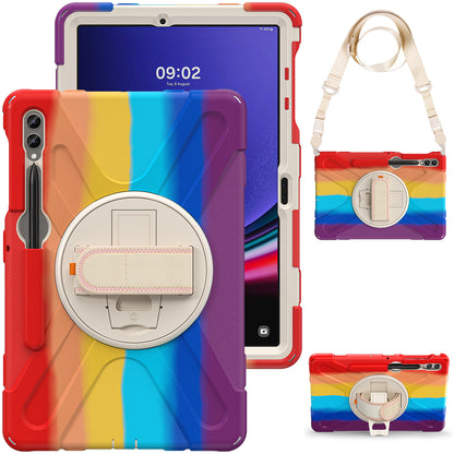 For Samsung Galaxy Tab S9 FE+ / S9+ / S8+ / S7+ Shockproof PC+Silicone Rugged Tablet Case Kickstand with Hand Band  /  Shoulder Strap