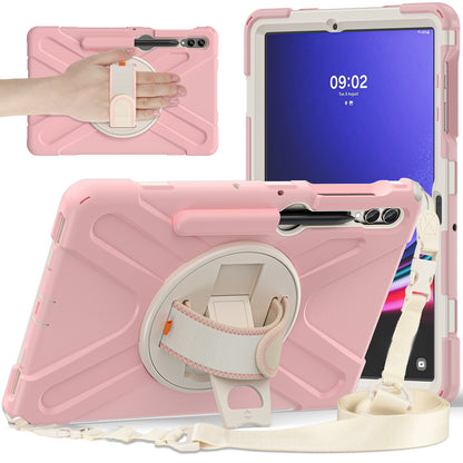 For Samsung Galaxy Tab S9 FE+ / S9+ / S8+ / S7+ Shockproof PC+Silicone Rugged Tablet Case Kickstand with Hand Band  /  Shoulder Strap