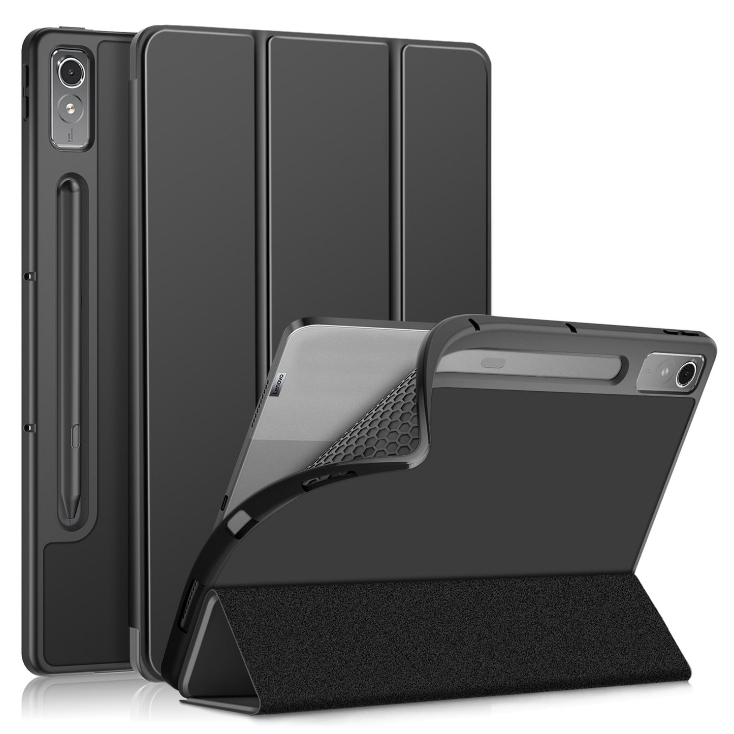 For Lenovo Tab P12 TB371FC Trifold Stand Solid Color Smart Case PU Leather+TPU Tablet Cover