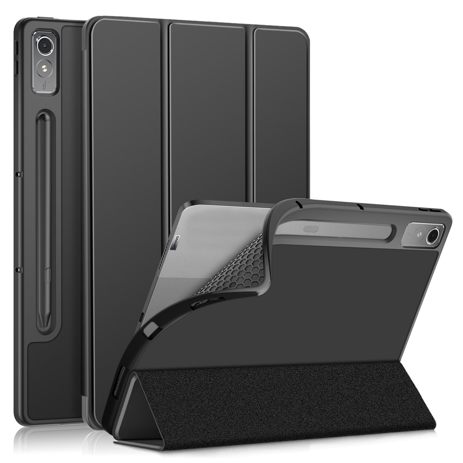 For Lenovo Tab P12 TB371FC Trifold Stand Solid Color Smart Case PU Leather+TPU Tablet Cover