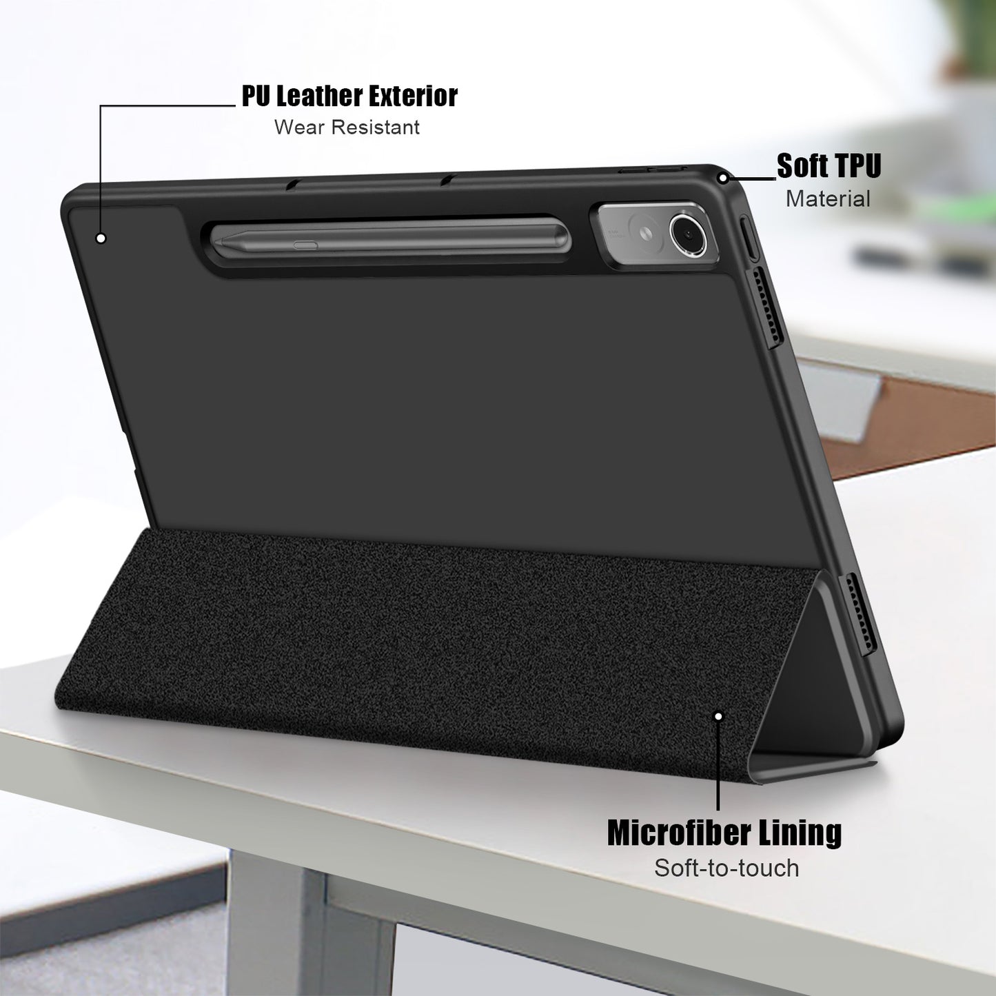 For Lenovo Tab P12 TB371FC Trifold Stand Solid Color Smart Case PU Leather+TPU Tablet Cover