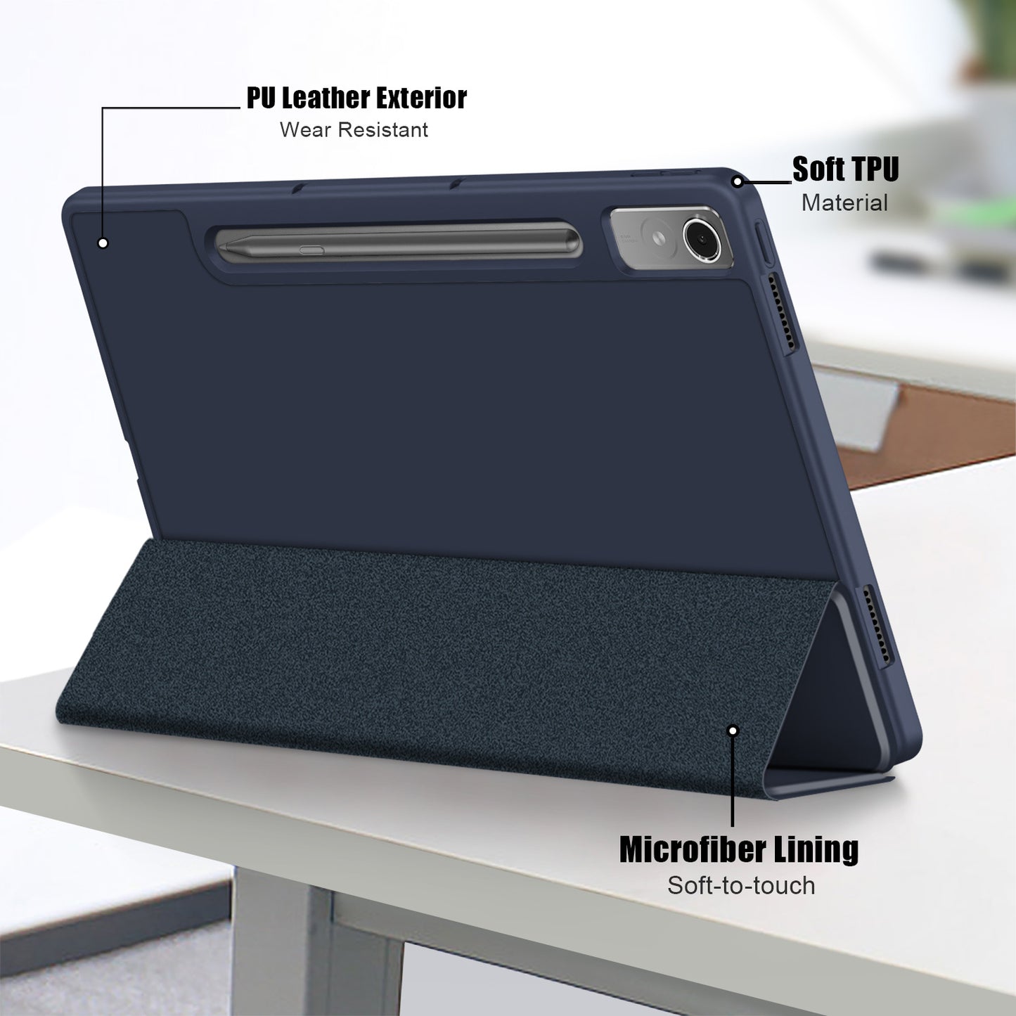 For Lenovo Tab P12 TB371FC Trifold Stand Solid Color Smart Case PU Leather+TPU Tablet Cover