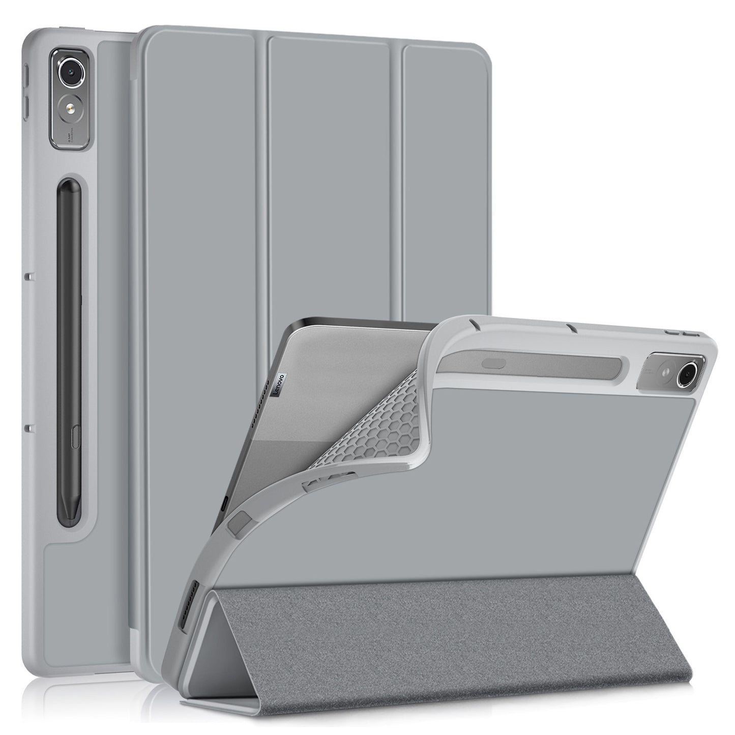 For Lenovo Tab P12 TB371FC Trifold Stand Solid Color Smart Case PU Leather+TPU Tablet Cover