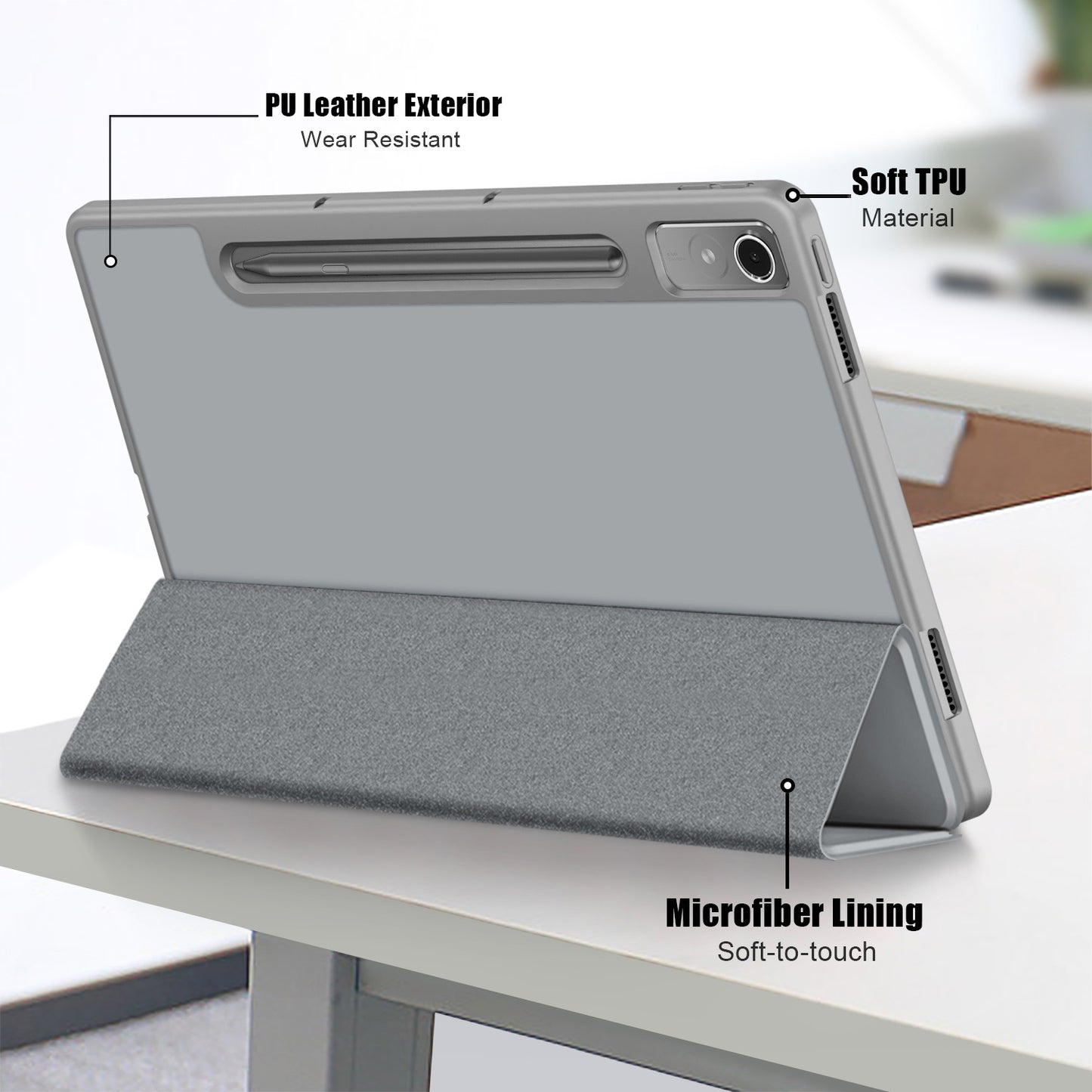 For Lenovo Tab P12 TB371FC Trifold Stand Solid Color Smart Case PU Leather+TPU Tablet Cover