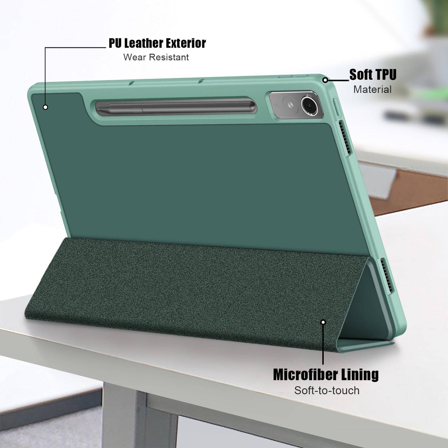 For Lenovo Tab P12 TB371FC Trifold Stand Solid Color Smart Case PU Leather+TPU Tablet Cover
