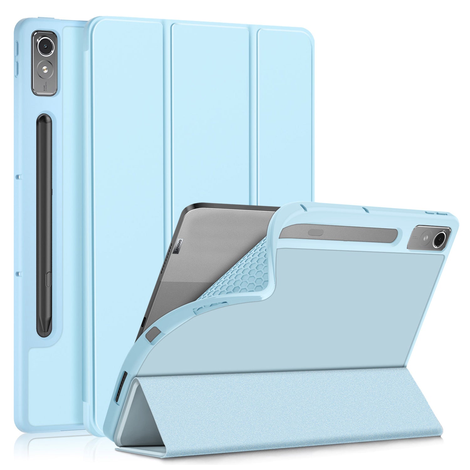 For Lenovo Tab P12 TB371FC Trifold Stand Solid Color Smart Case PU Leather+TPU Tablet Cover