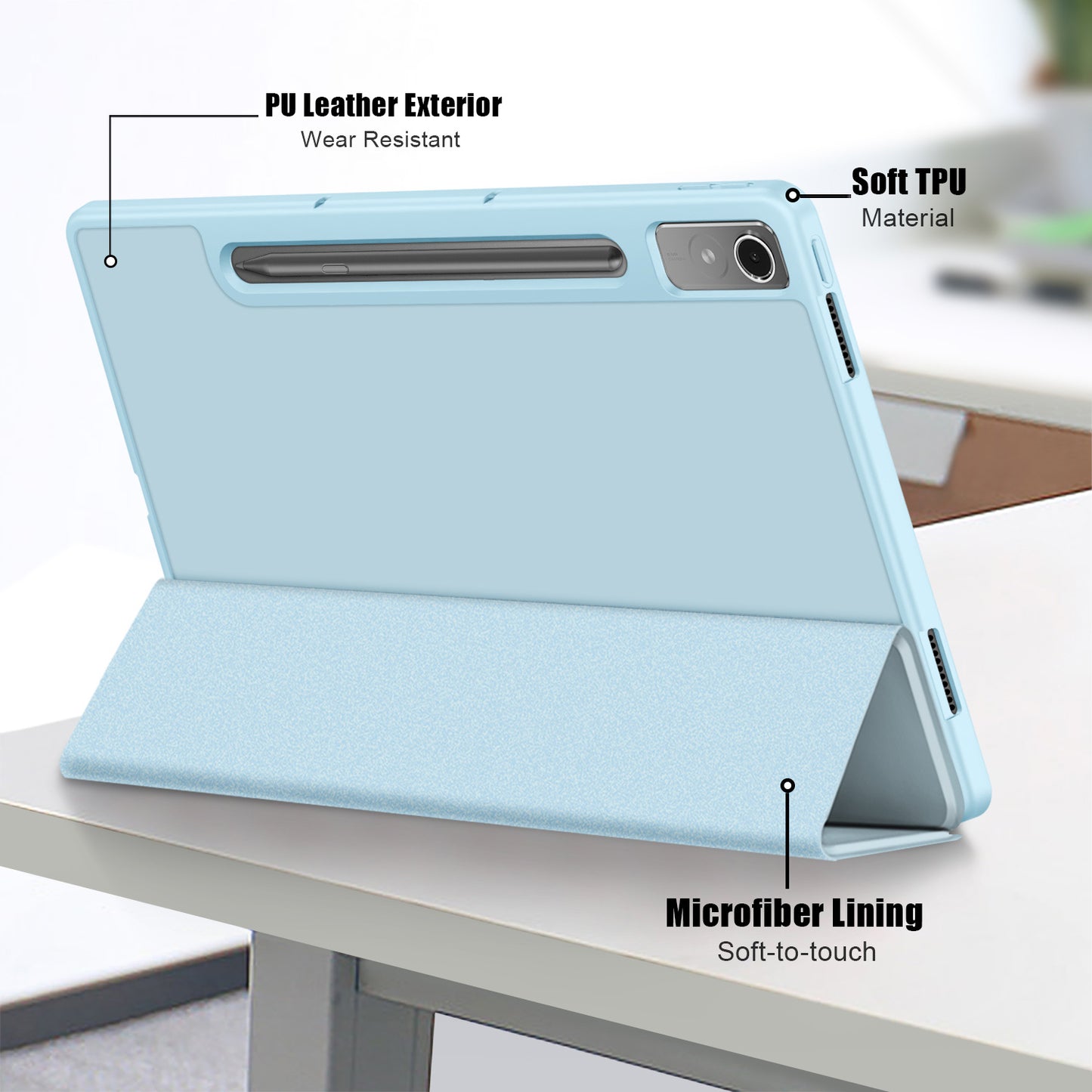 For Lenovo Tab P12 TB371FC Trifold Stand Solid Color Smart Case PU Leather+TPU Tablet Cover