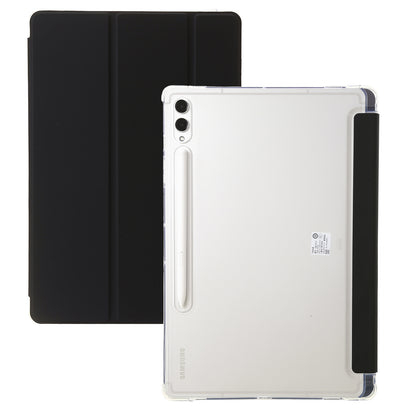 For Samsung Galaxy Tab S9 Ultra Tri-fold Stand Folio Smart Case PU Leather+Acrylic+TPU Clear Tablet Cover