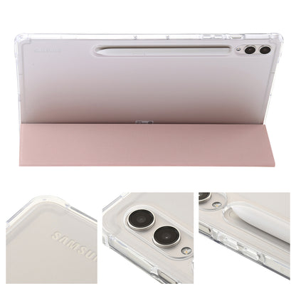For Samsung Galaxy Tab S9 Ultra Tri-fold Stand Folio Smart Case PU Leather+Acrylic+TPU Clear Tablet Cover