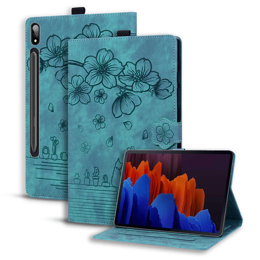 For Samsung Galaxy Tab S9+ PU Leather Card Holder Cover Flower Cat Imprinted Tablet Stand Case
