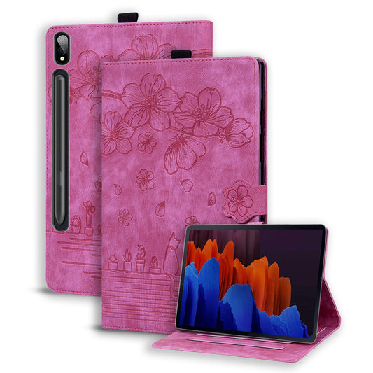 For Samsung Galaxy Tab S9+ PU Leather Card Holder Cover Flower Cat Imprinted Tablet Stand Case