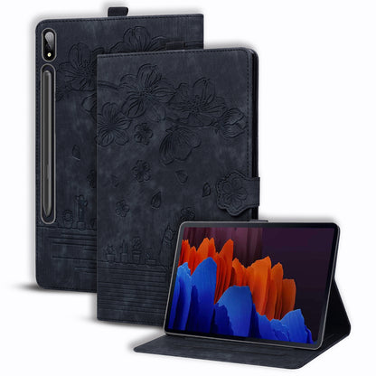 For Samsung Galaxy Tab S9+ PU Leather Card Holder Cover Flower Cat Imprinted Tablet Stand Case