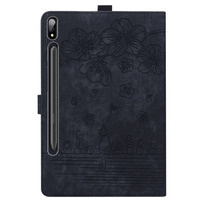 For Samsung Galaxy Tab S9+ PU Leather Card Holder Cover Flower Cat Imprinted Tablet Stand Case