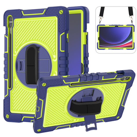 Protective Kickstand Case for Samsung Galaxy Tab S9+ Anti-Drop Silicone+PC Tablet Cover with Wrist Band / Shoulder Strap