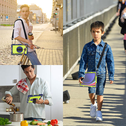 Protective Kickstand Case for Samsung Galaxy Tab S9+ Anti-Drop Silicone+PC Tablet Cover with Wrist Band / Shoulder Strap