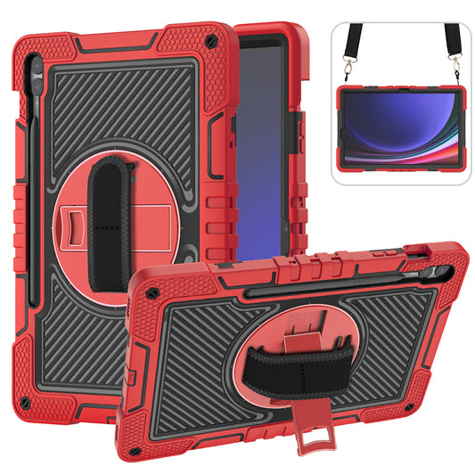 Protective Kickstand Case for Samsung Galaxy Tab S9+ Anti-Drop Silicone+PC Tablet Cover with Wrist Band / Shoulder Strap