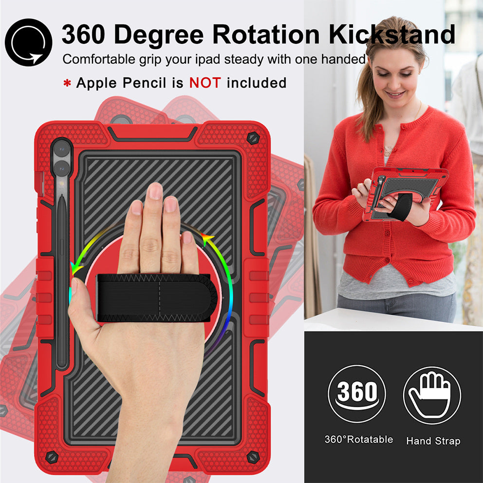Protective Kickstand Case for Samsung Galaxy Tab S9+ Anti-Drop Silicone+PC Tablet Cover with Wrist Band / Shoulder Strap