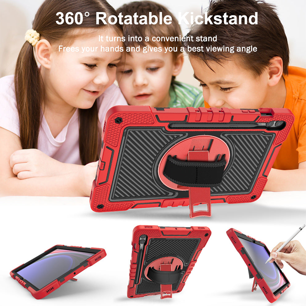 Protective Kickstand Case for Samsung Galaxy Tab S9+ Anti-Drop Silicone+PC Tablet Cover with Wrist Band / Shoulder Strap
