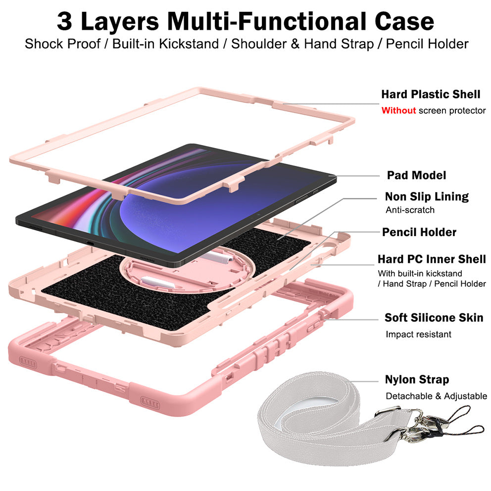 Protective Kickstand Case for Samsung Galaxy Tab S9+ Anti-Drop Silicone+PC Tablet Cover with Wrist Band / Shoulder Strap