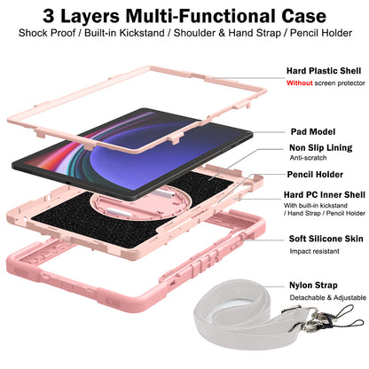 Protective Kickstand Case for Samsung Galaxy Tab S9+ Anti-Drop Silicone+PC Tablet Cover with Wrist Band / Shoulder Strap