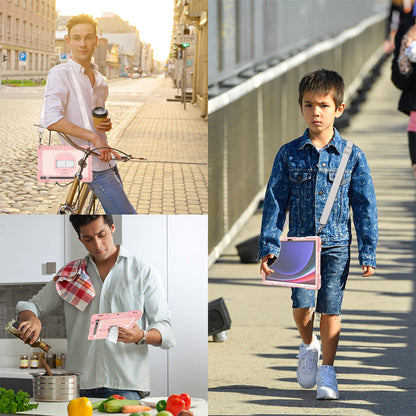 Protective Kickstand Case for Samsung Galaxy Tab S9+ Anti-Drop Silicone+PC Tablet Cover with Wrist Band / Shoulder Strap